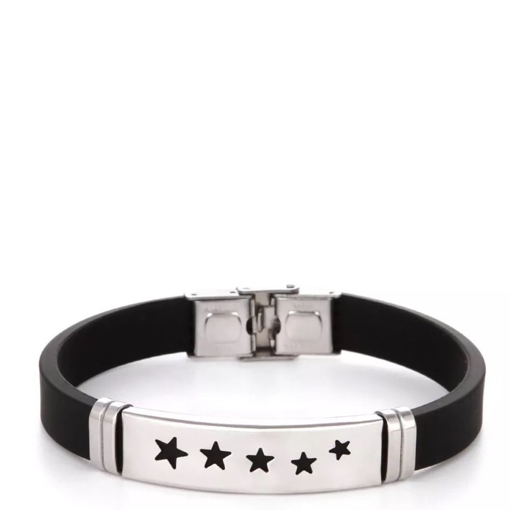 Silver Cross Stainless Steel Black Rubber Bracelet